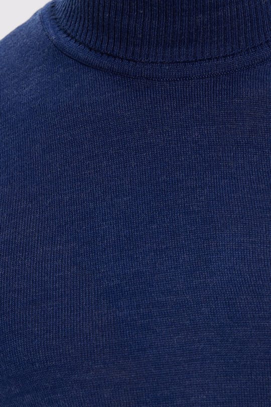Erkek Slim Fit Tam Boğazlı Yaka Düz Yün Sax Mavi Triko Kazak