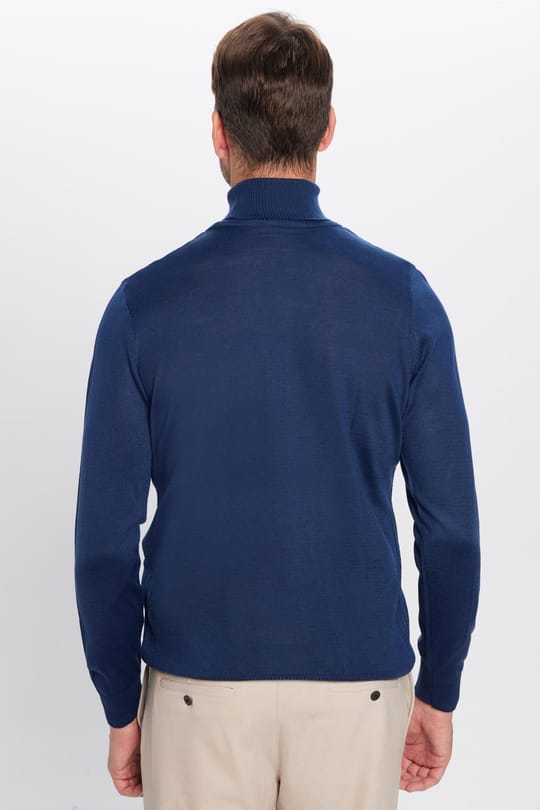 Erkek Slim Fit Tam Boğazlı Yaka Düz Yün Lacivert Triko Kazak