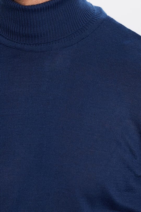 Erkek Slim Fit Tam Boğazlı Yaka Düz Yün Lacivert Triko Kazak