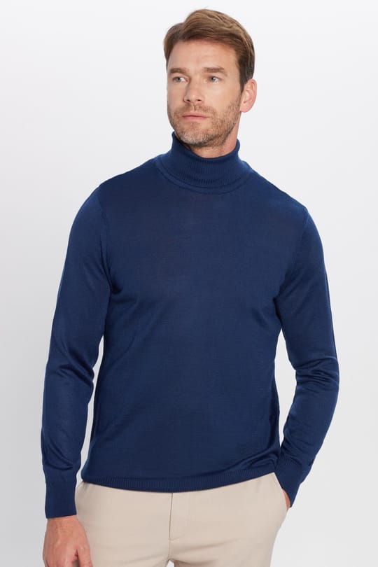 Erkek Slim Fit Tam Boğazlı Yaka Düz Yün Lacivert Triko Kazak