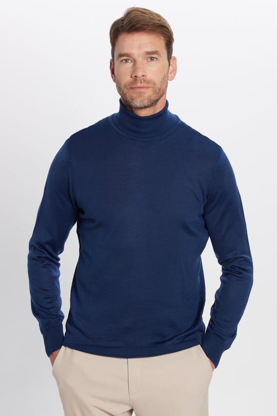 Erkek Slim Fit Tam Boğazlı Yaka Düz Yün Lacivert Triko Kazak