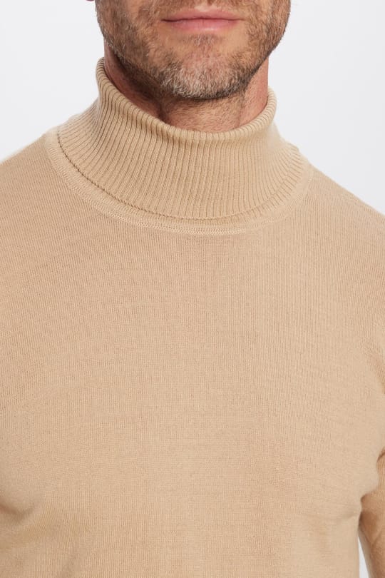 Erkek Slim Fit Dar Kesim Tam Boğazlı Yaka Düz Yün Taş Triko Kazak