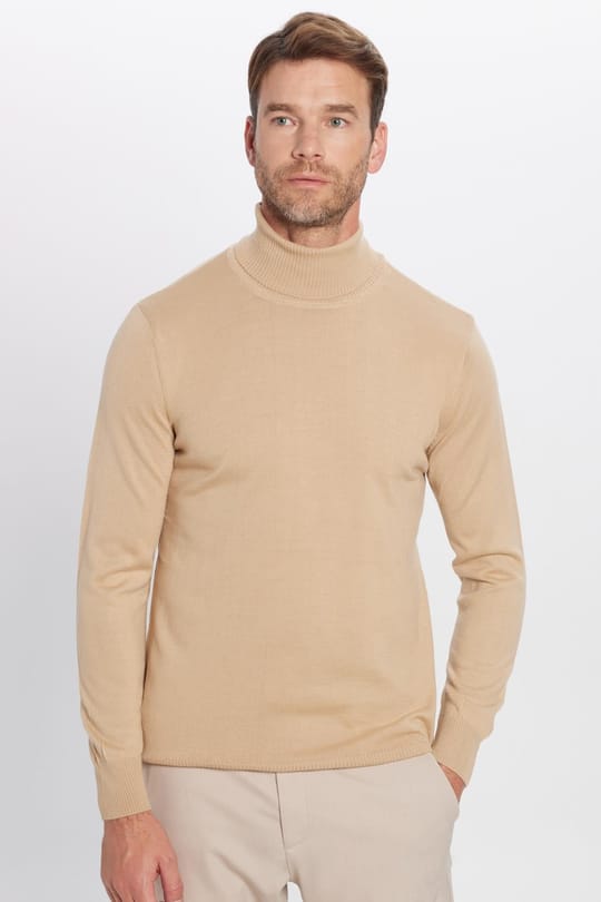 Erkek Slim Fit Dar Kesim Tam Boğazlı Yaka Düz Yün Taş Triko Kazak