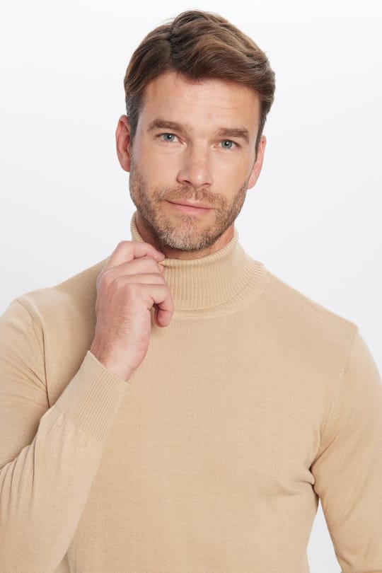 Erkek Slim Fit Dar Kesim Tam Boğazlı Yaka Düz Yün Taş Triko Kazak
