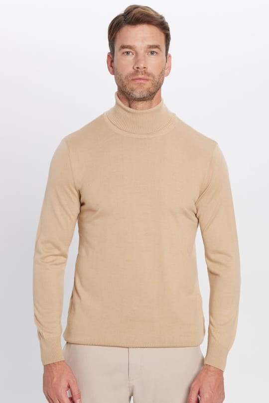 Erkek Slim Fit Dar Kesim Tam Boğazlı Yaka Düz Yün Taş Triko Kazak