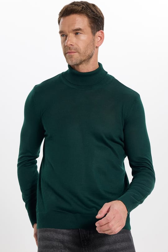 Erkek Slim Fit Tam Boğazlı Yaka Düz Yün Yeşil Triko Kazak