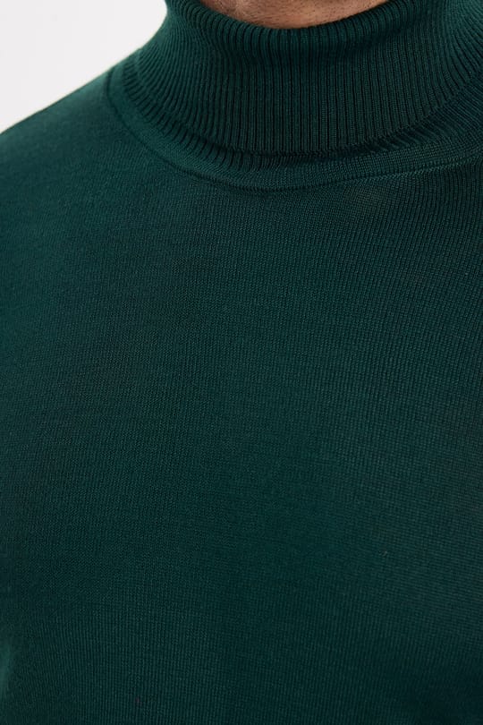 Erkek Slim Fit Tam Boğazlı Yaka Düz Yün Yeşil Triko Kazak