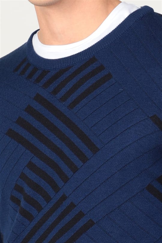 Erkek Slim Fit Bisiklet Yaka Desenli Lacivert Triko Kazak