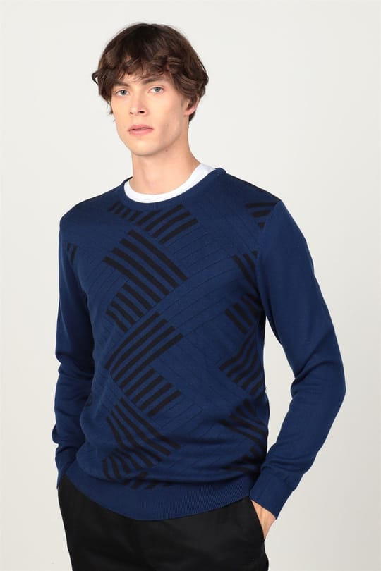 Erkek Slim Fit Bisiklet Yaka Desenli Lacivert Triko Kazak