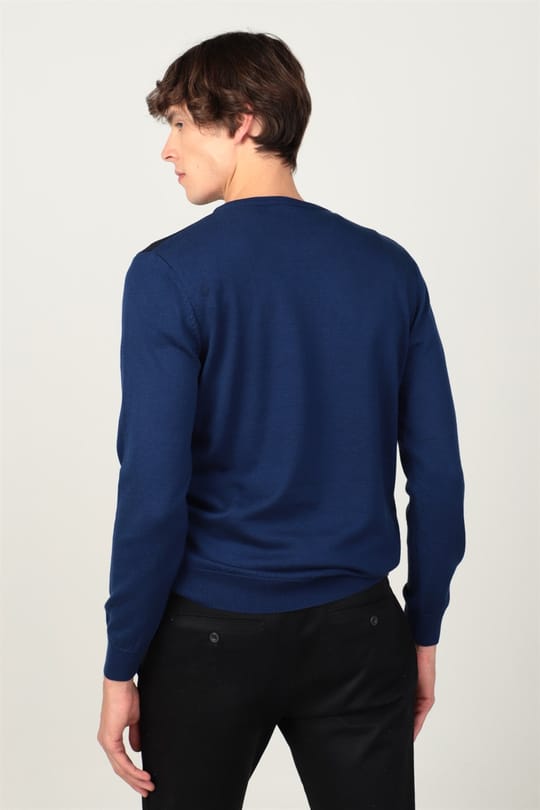 Erkek Slim Fit Bisiklet Yaka Desenli Lacivert Triko Kazak