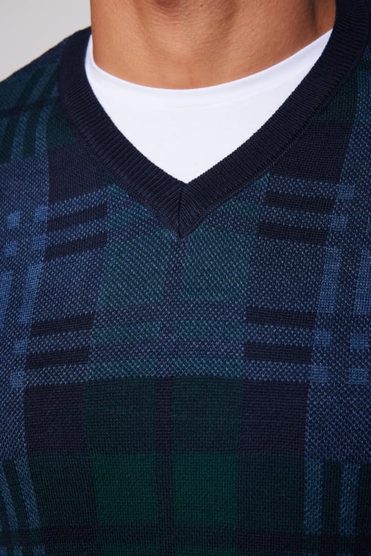 Erkek Slim Fit V Yaka Kareli Lacivert Triko Kazak