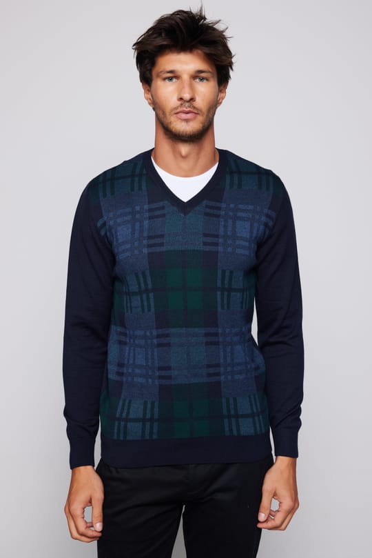 Erkek Slim Fit V Yaka Kareli Lacivert Triko Kazak