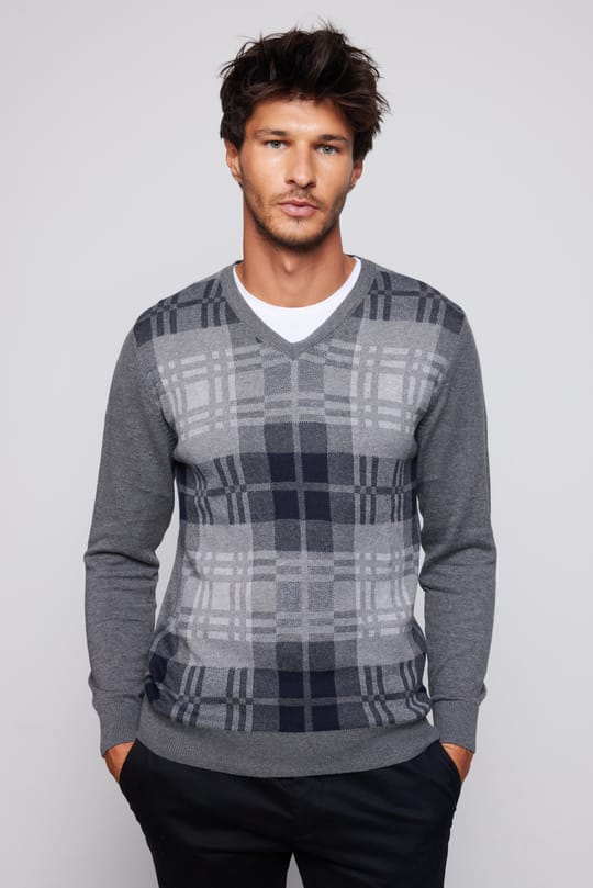 Erkek Slim Fit V Yaka Kareli Gri Triko Kazak