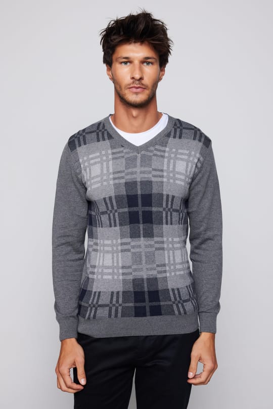 Erkek Slim Fit V Yaka Kareli Gri Triko Kazak