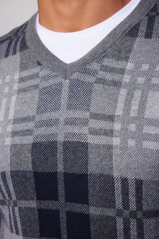 Erkek Slim Fit V Yaka Kareli Gri Triko Kazak
