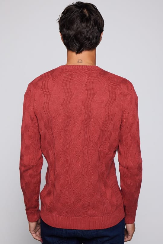 Erkek Slim Fit Bisiklet Yaka Desenli Kırmızı Triko Kazak
