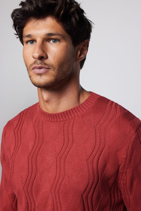 Erkek Slim Fit Bisiklet Yaka Desenli Kırmızı Triko Kazak