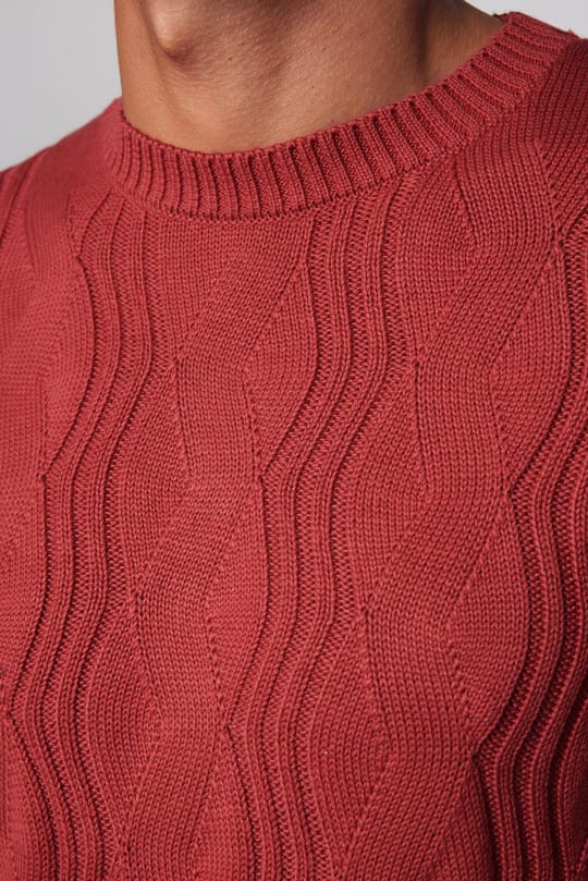 Erkek Slim Fit Bisiklet Yaka Desenli Kırmızı Triko Kazak