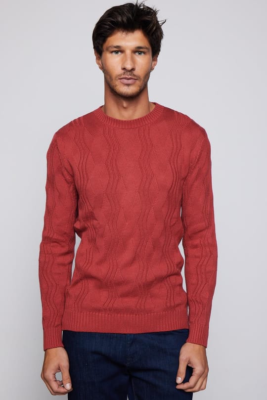 Erkek Slim Fit Bisiklet Yaka Desenli Kırmızı Triko Kazak