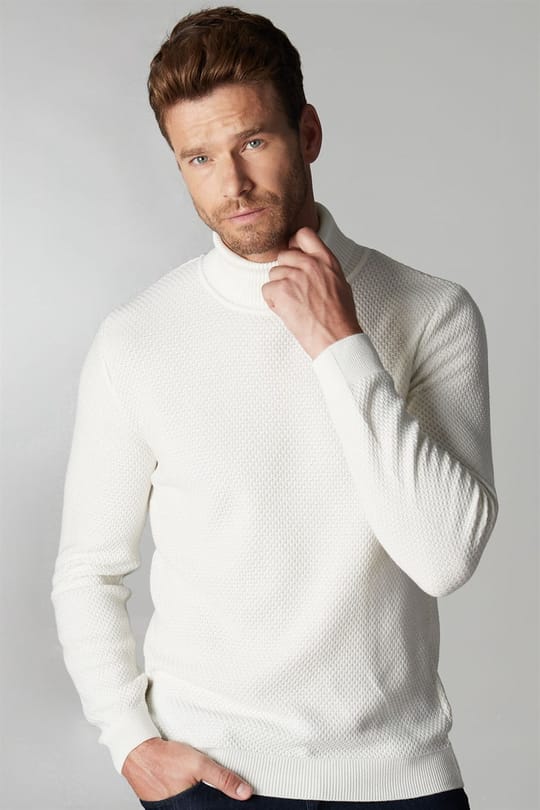Erkek Slim Fit Balıkçı Yaka Desenli Beyaz Triko Kazak