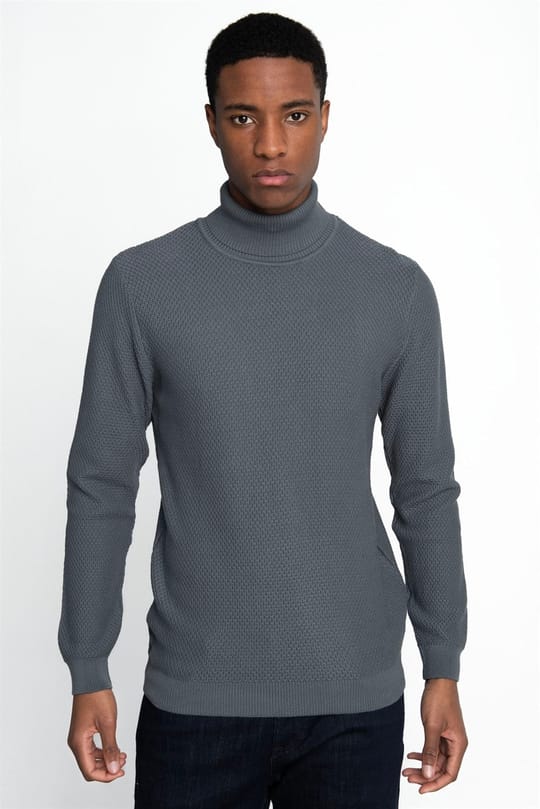 Erkek Slim Fit Balıkçı Yaka Desenli Antrasit Triko Kazak