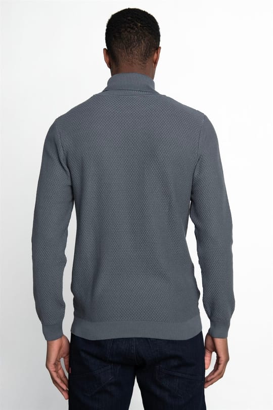 Erkek Slim Fit Balıkçı Yaka Desenli Antrasit Triko Kazak