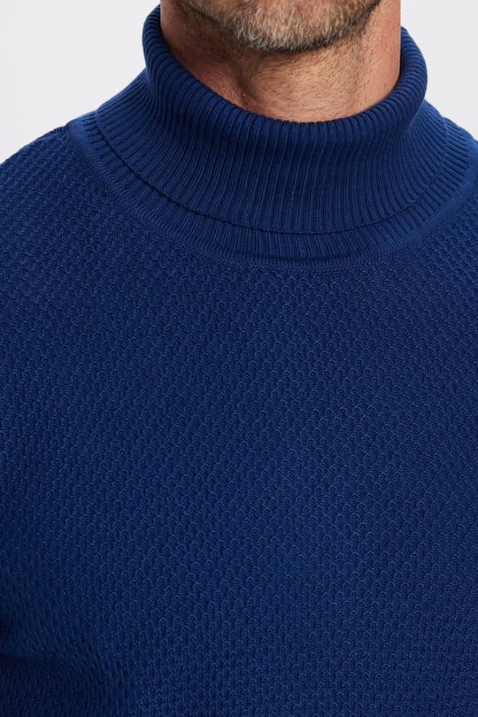 Erkek Slim Fit Balıkçı Yaka Desenli Sax Mavi Triko Kazak