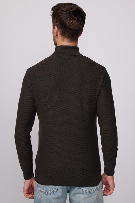 Erkek Slim Fit Balıkçı Yaka Desenli Gri Triko Kazak