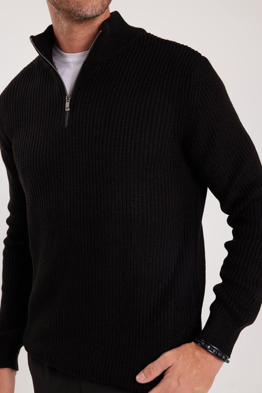 Erkek Slim Fit Dar Kesim Fermuarlı Siyah Dik Yaka Triko Kazak