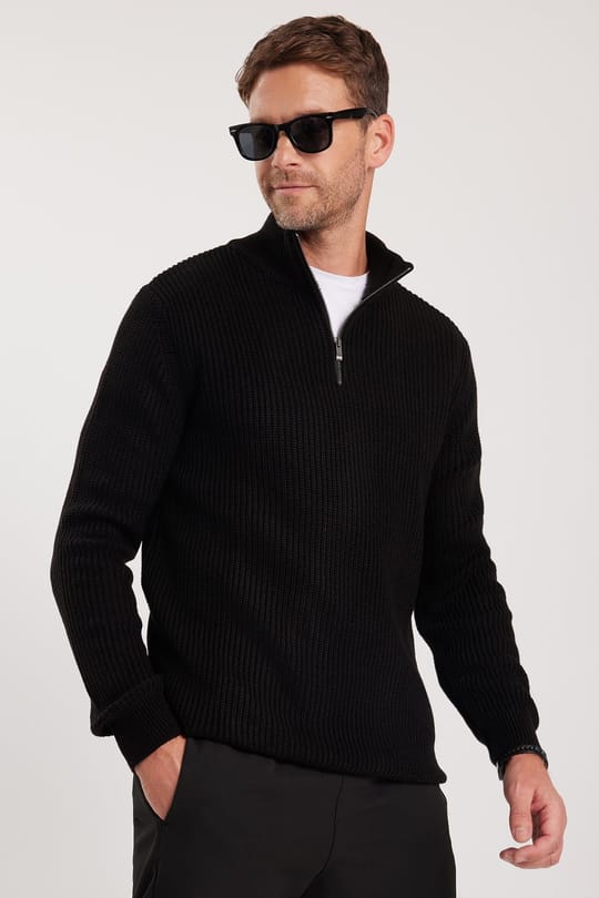 Erkek Slim Fit Dar Kesim Fermuarlı Siyah Dik Yaka Triko Kazak
