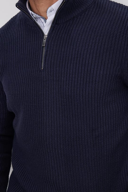 Erkek Slim Fit Dar Kesim Fermuarlı Lacivert Dik Yaka Triko Kazak