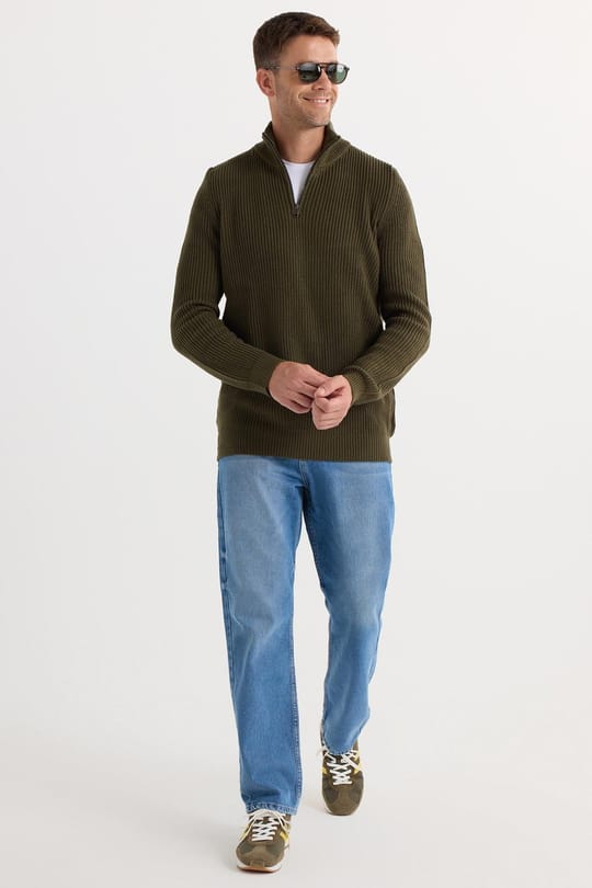 Erkek Slim Fit Dar Kesim Fermuarlı Haki Dik Yaka Triko Kazak