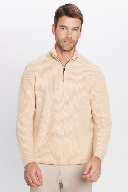 Erkek Slim Fit Dar Kesim Fermuarlı Bej Dik Yaka Triko Kazak