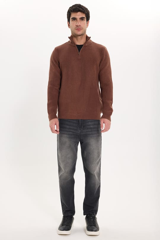 Erkek Slim Fit Dar Kesim Fermuarlı Kahverengi Dik Yaka Triko Kazak