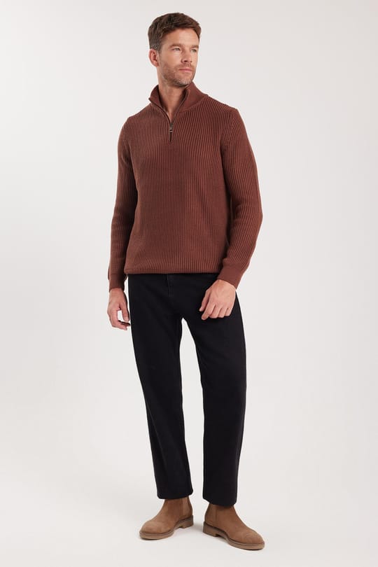 Erkek Slim Fit Dar Kesim Fermuarlı Kahverengi Dik Yaka Triko Kazak