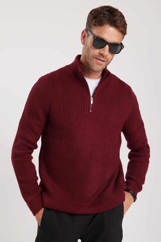 Erkek Slim Fit Dar Kesim Fermuarlı Bordo Dik Yaka Triko Kazak
