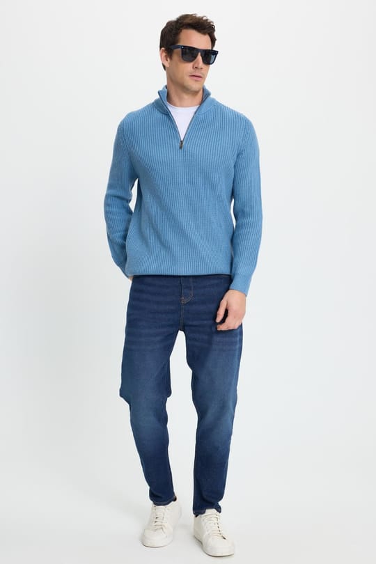 Erkek Slim Fit Dar Kesim Fermuarlı İndigo Dik Yaka Triko Kazak