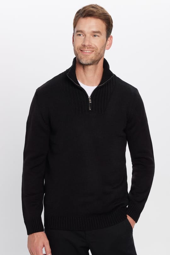 Erkek Slim Fit Dar Kesim Armürlü Fermuarlı Siyah Dik Yaka Kazak
