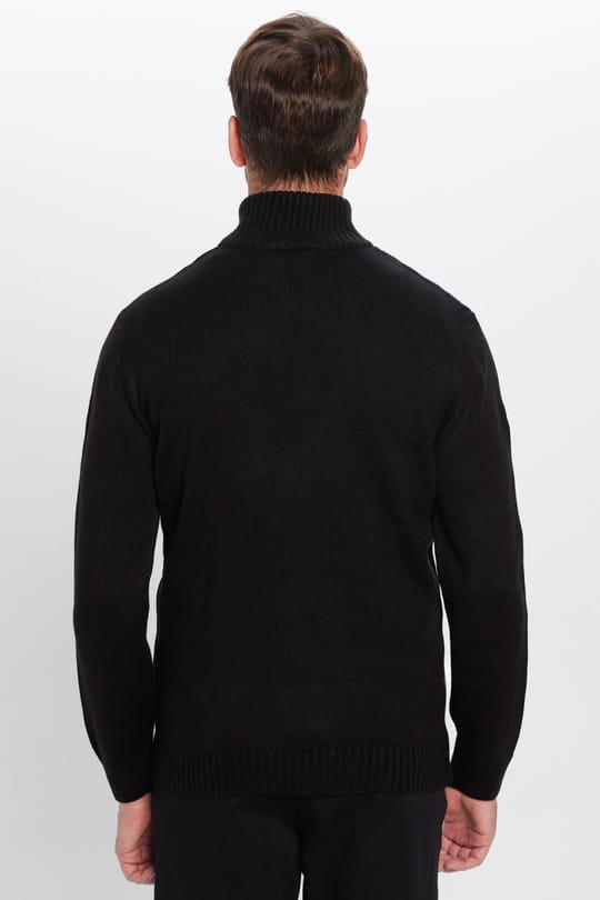 Erkek Slim Fit Dar Kesim Armürlü Fermuarlı Siyah Dik Yaka Kazak