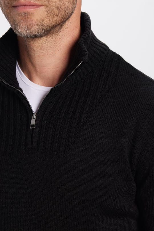 Erkek Slim Fit Dar Kesim Armürlü Fermuarlı Siyah Dik Yaka Kazak