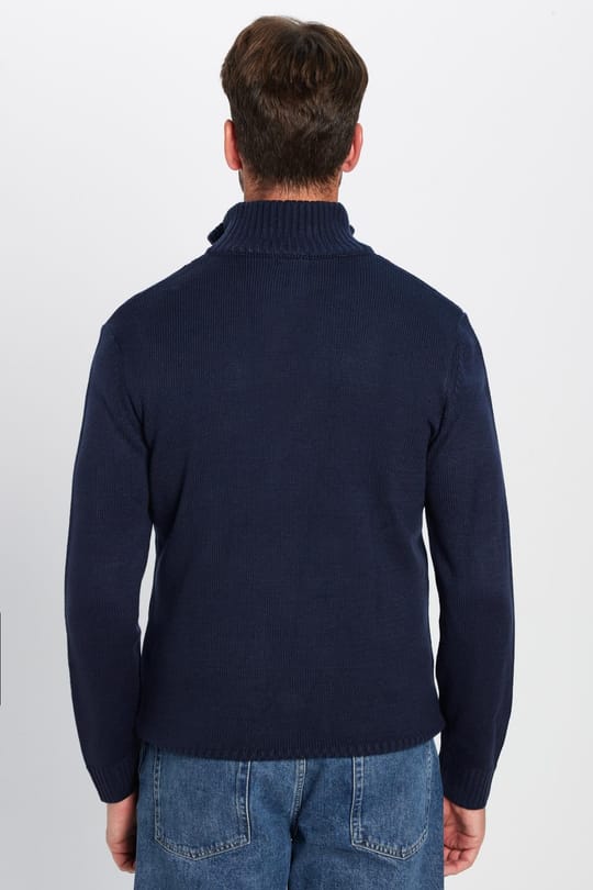 Erkek Slim Fit Dar Kesim Armürlü Fermuarlı Lacivert Dik Yaka Kazak