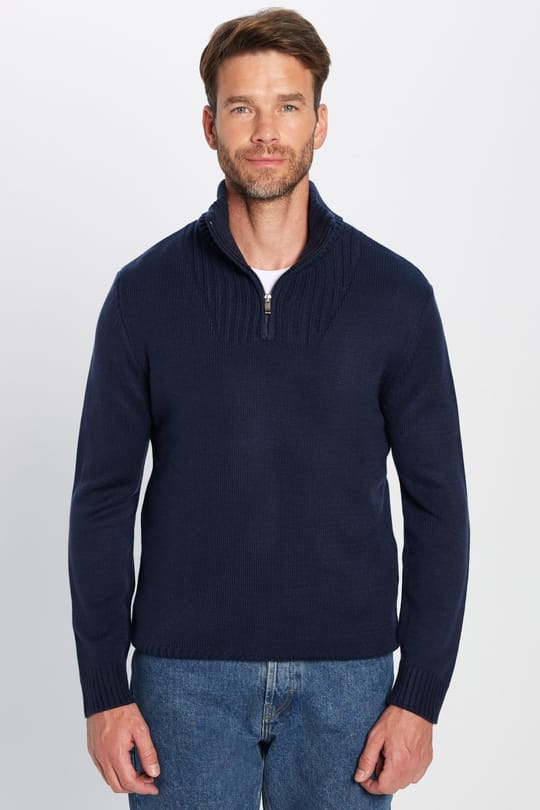 Erkek Slim Fit Dar Kesim Armürlü Fermuarlı Lacivert Dik Yaka Kazak
