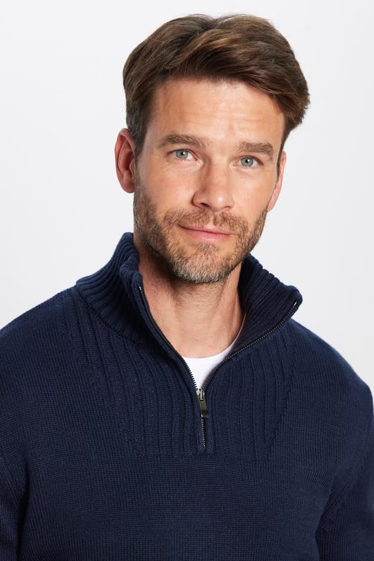 Erkek Slim Fit Dar Kesim Armürlü Fermuarlı Lacivert Dik Yaka Kazak