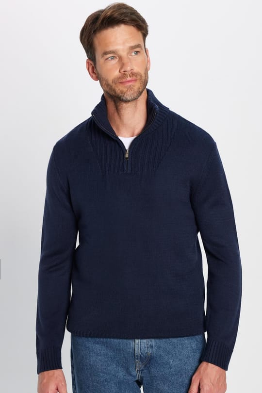 Erkek Slim Fit Dar Kesim Armürlü Fermuarlı Lacivert Dik Yaka Kazak
