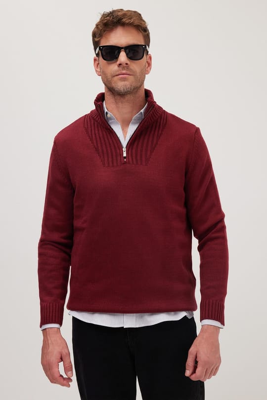 Erkek Slim Fit Dar Kesim Armürlü Fermuarlı Bordo Dik Yaka Kazak