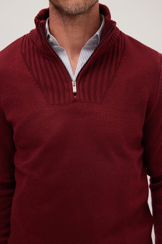 Erkek Slim Fit Dar Kesim Armürlü Fermuarlı Bordo Dik Yaka Kazak