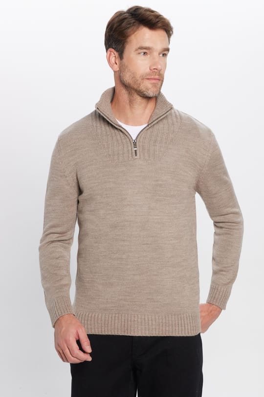 Erkek Slim Fit Dar Kesim Armürlü Fermuarlı Kahve Dik Yaka Kazak