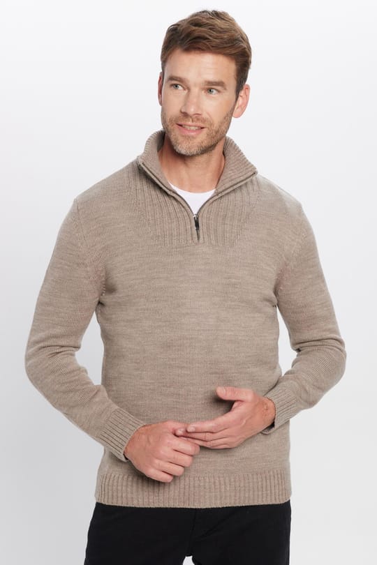 Erkek Slim Fit Dar Kesim Armürlü Fermuarlı Kahve Dik Yaka Kazak