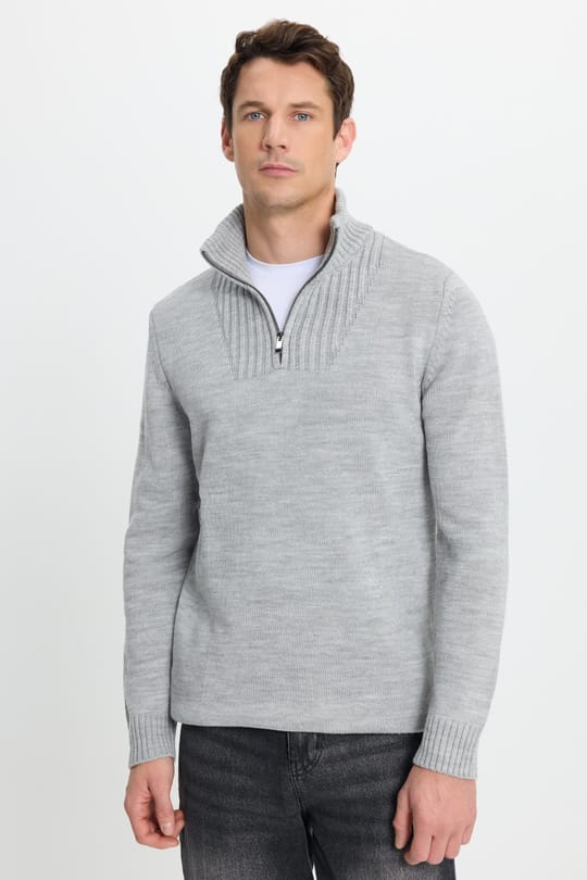 Erkek Slim Fit Dar Kesim Armürlü Fermuarlı Gri Dik Yaka Kazak
