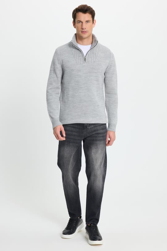 Erkek Slim Fit Dar Kesim Armürlü Fermuarlı Gri Dik Yaka Kazak